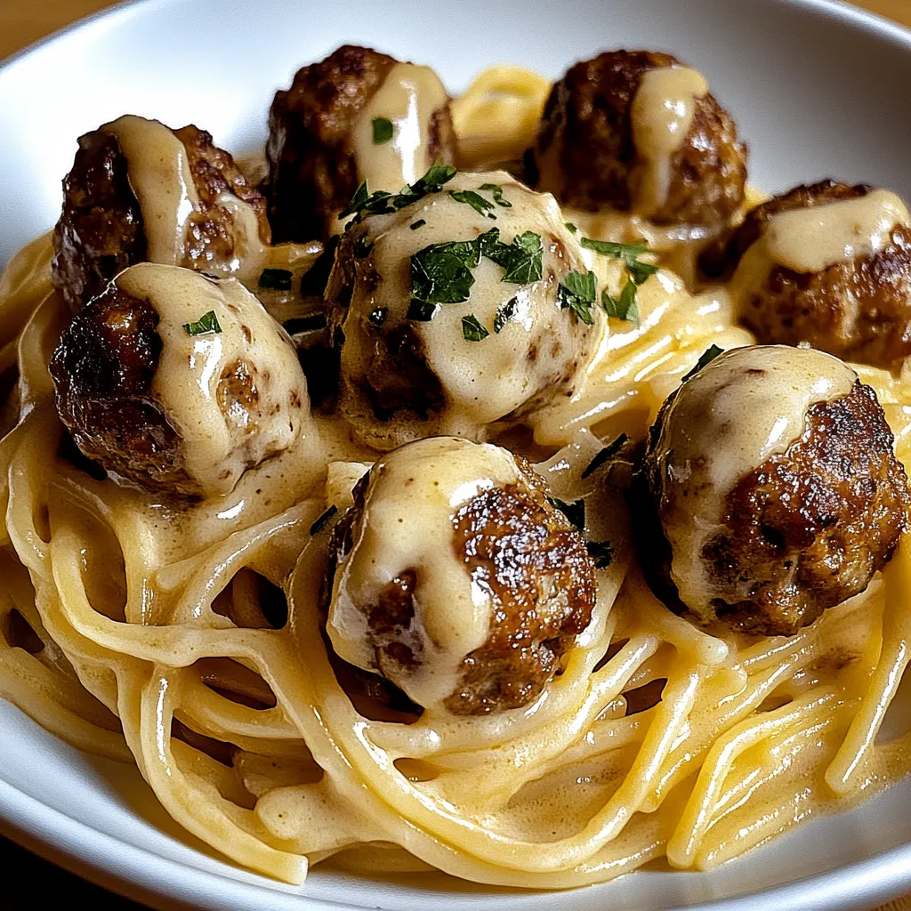 Ein weißer Teller mit Spaghetti und Meatballs, die in einer cremigen Sauce serviert werden.
