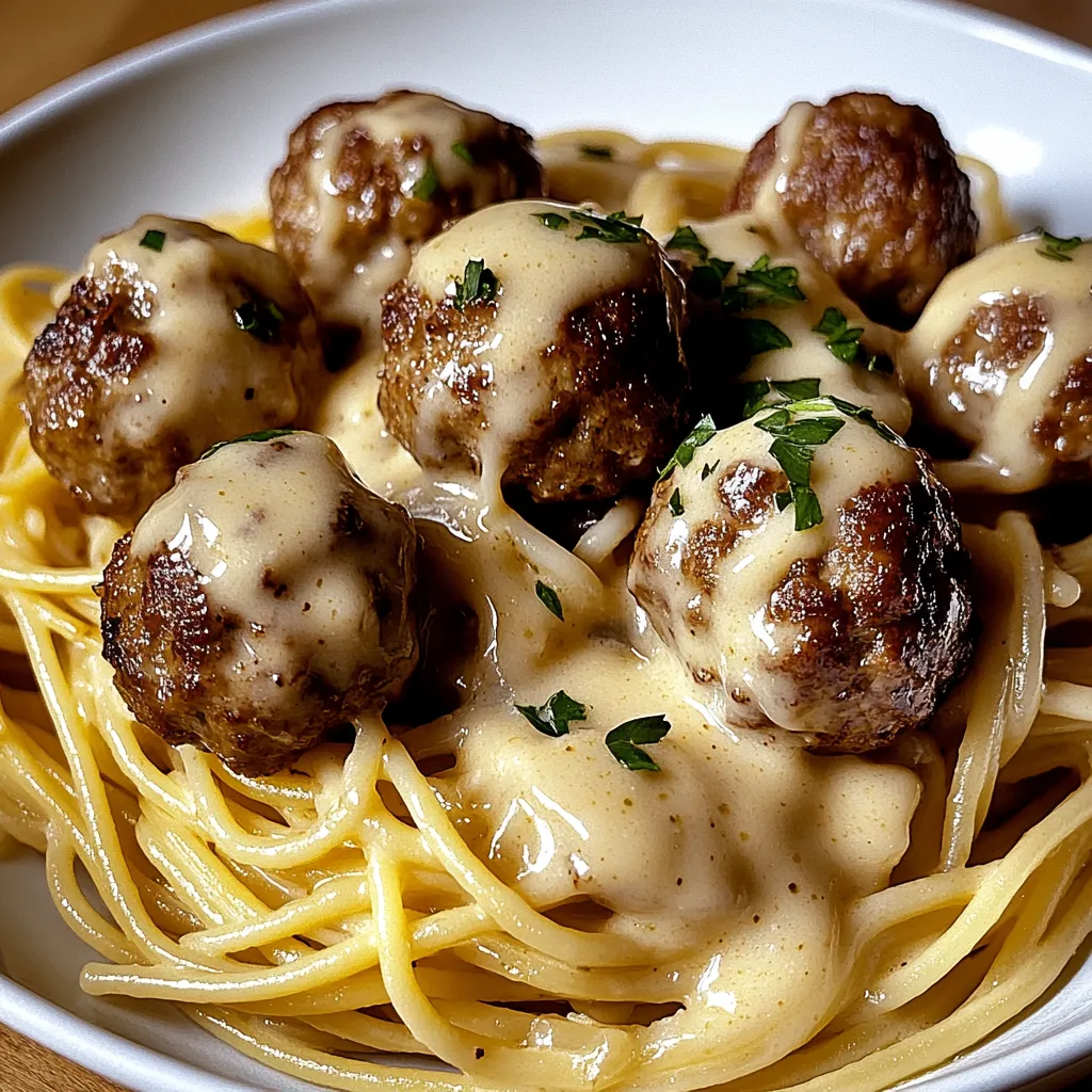 Ein weißer Teller mit Spaghetti und Meatballs, die in einer cremigen Sauce serviert werden.
