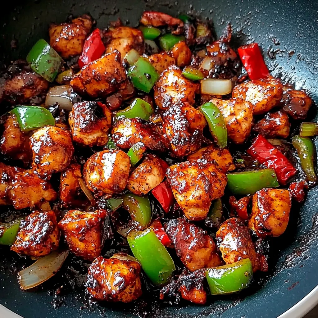 Ein schwarzes Wok mit einer Mischung aus Zwiebeln, Paprika, Chili und Koriander.