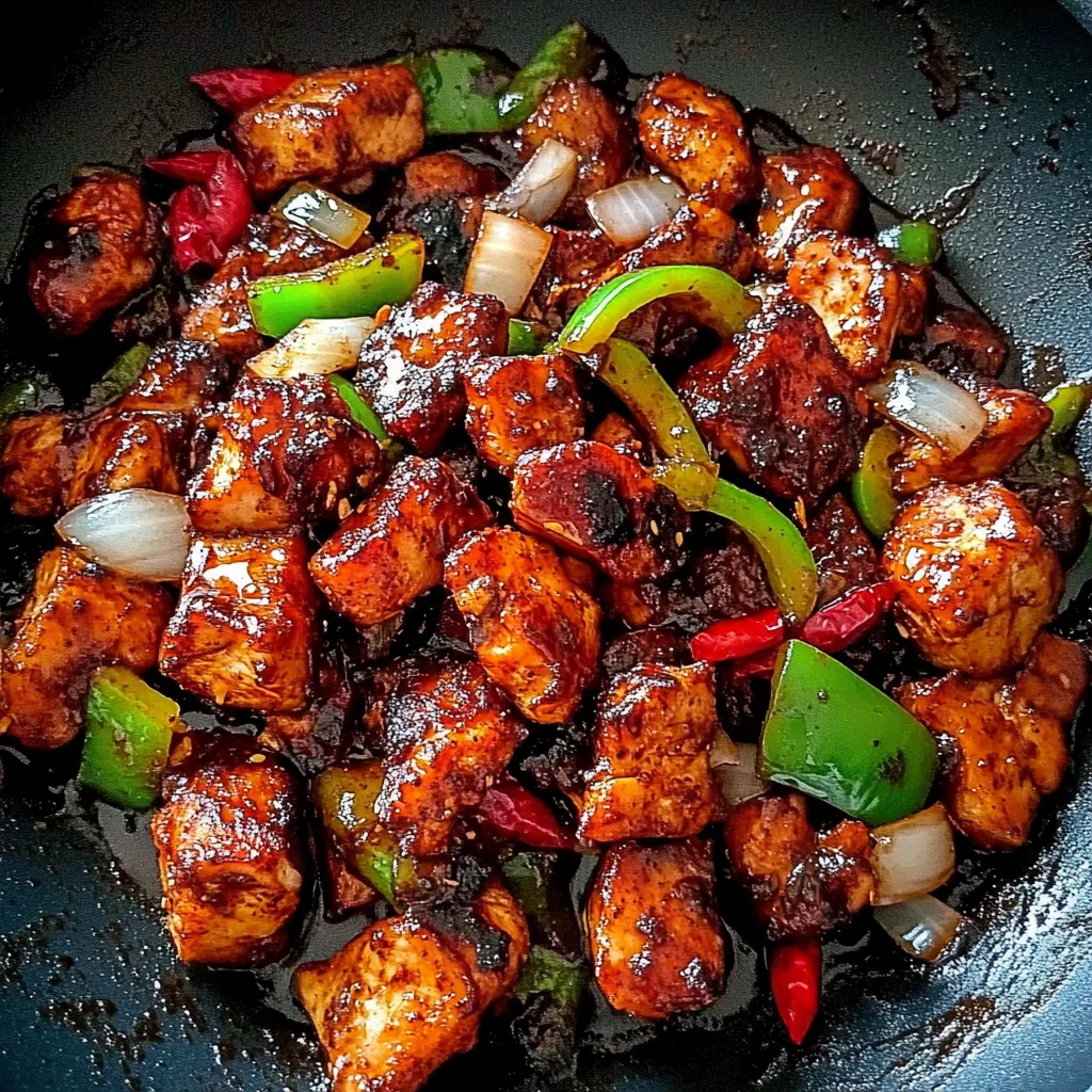 Ein schwarzes Wok mit einer Mischung aus Fleisch, Zwiebeln, Paprika und Chilischoten.