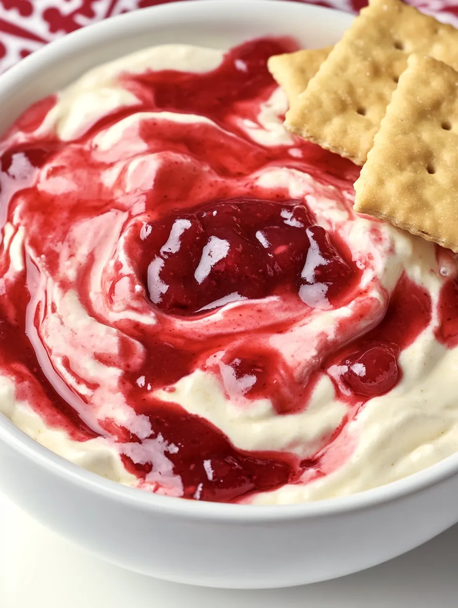 Ein weißer Teller mit einer cremigen, roten und grünen Zutatenmischung, die als Strawberry Cheesecake Dip bezeichnet wird.