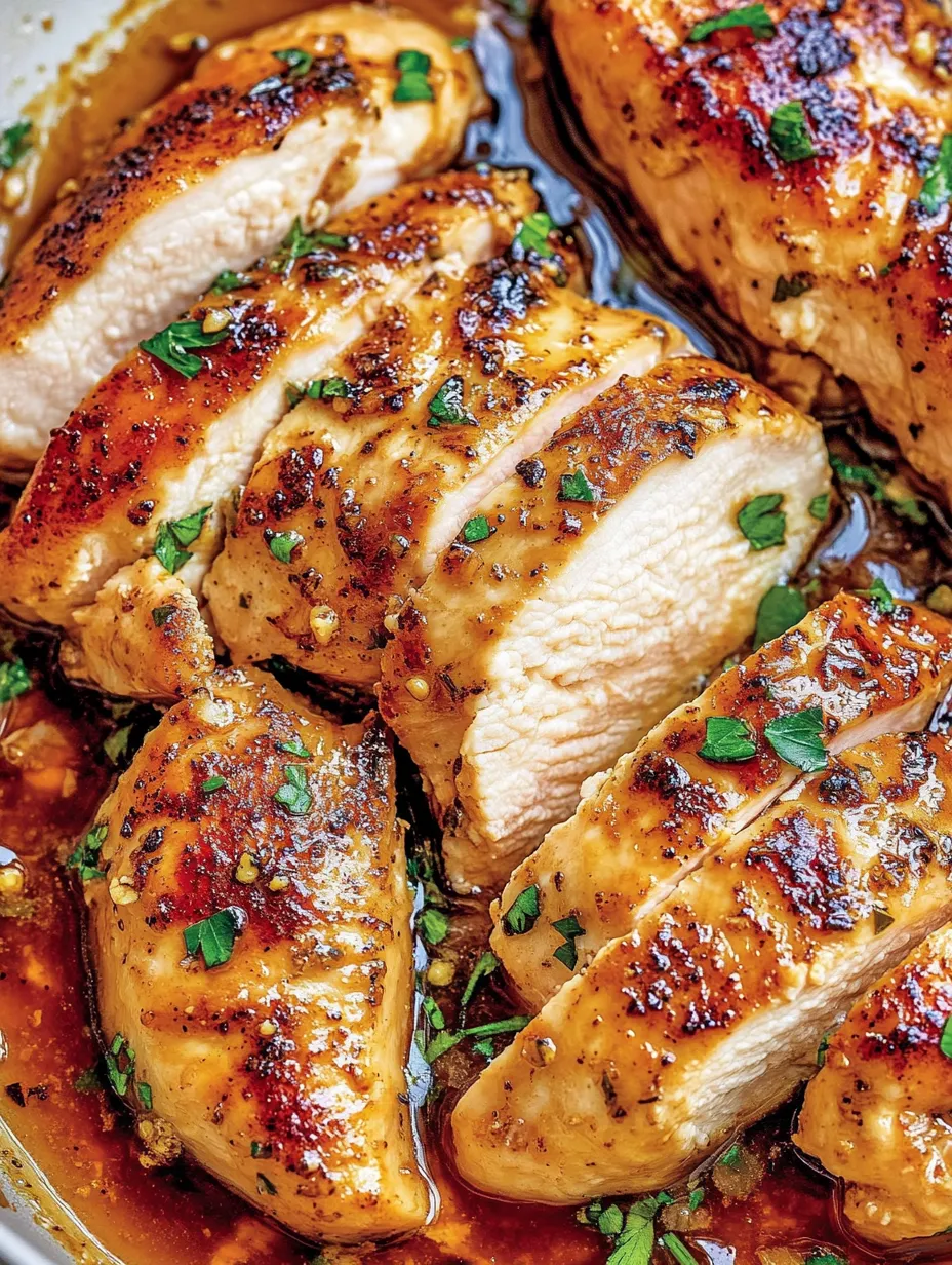 Ein Stück von Garlic Butter Chicken, das in einer Pfanne mit Butter und Knoblauch zubereitet wurde.