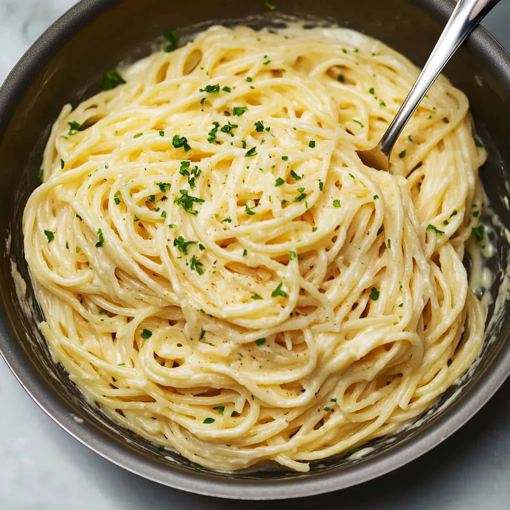 Ein Schalen mit Pasta, die mit Parmesan und Knoblauch garniert ist.