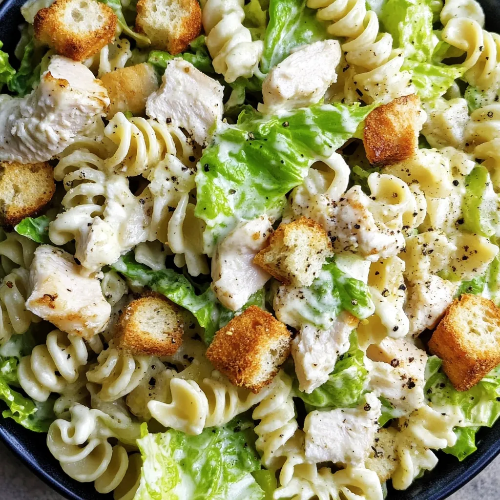 Ein Bild von einer Chicken Caesar Pasta Salat mit vielen Zutaten wie Nudeln, Käse, Zwiebeln, Tomaten, Salat und Chicken.