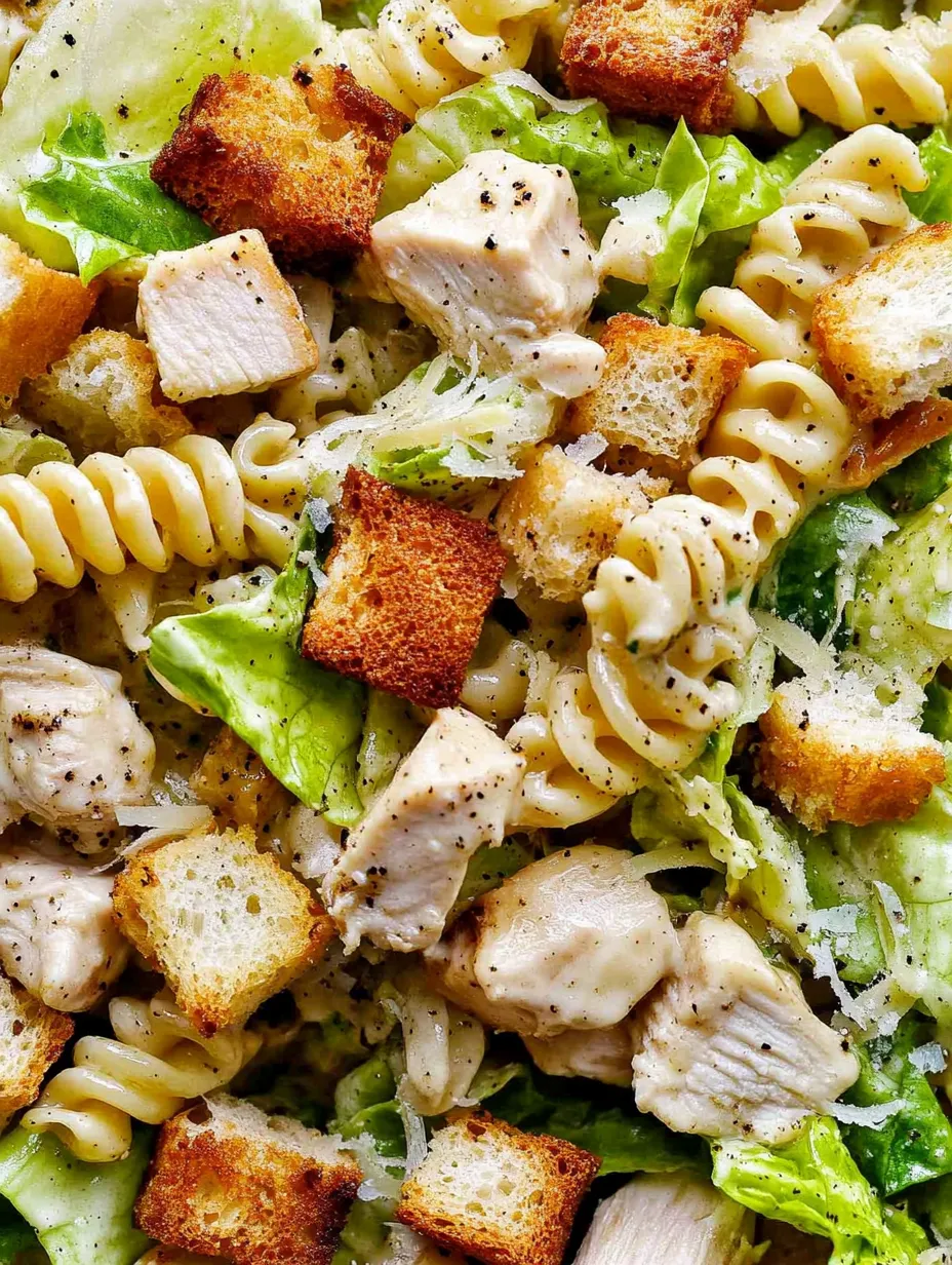 Eine Salatplatte mit Pasta, Chicken und Brokkoli.