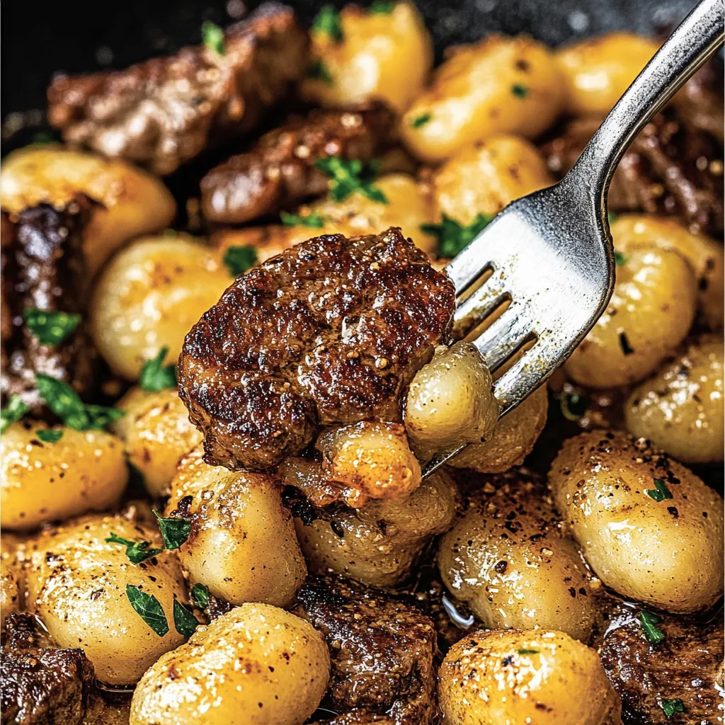 Ein Fork, der in eine Schüssel mit Gnocchi, Steak Bites und anderen Lebensmitteln gestochen ist.
