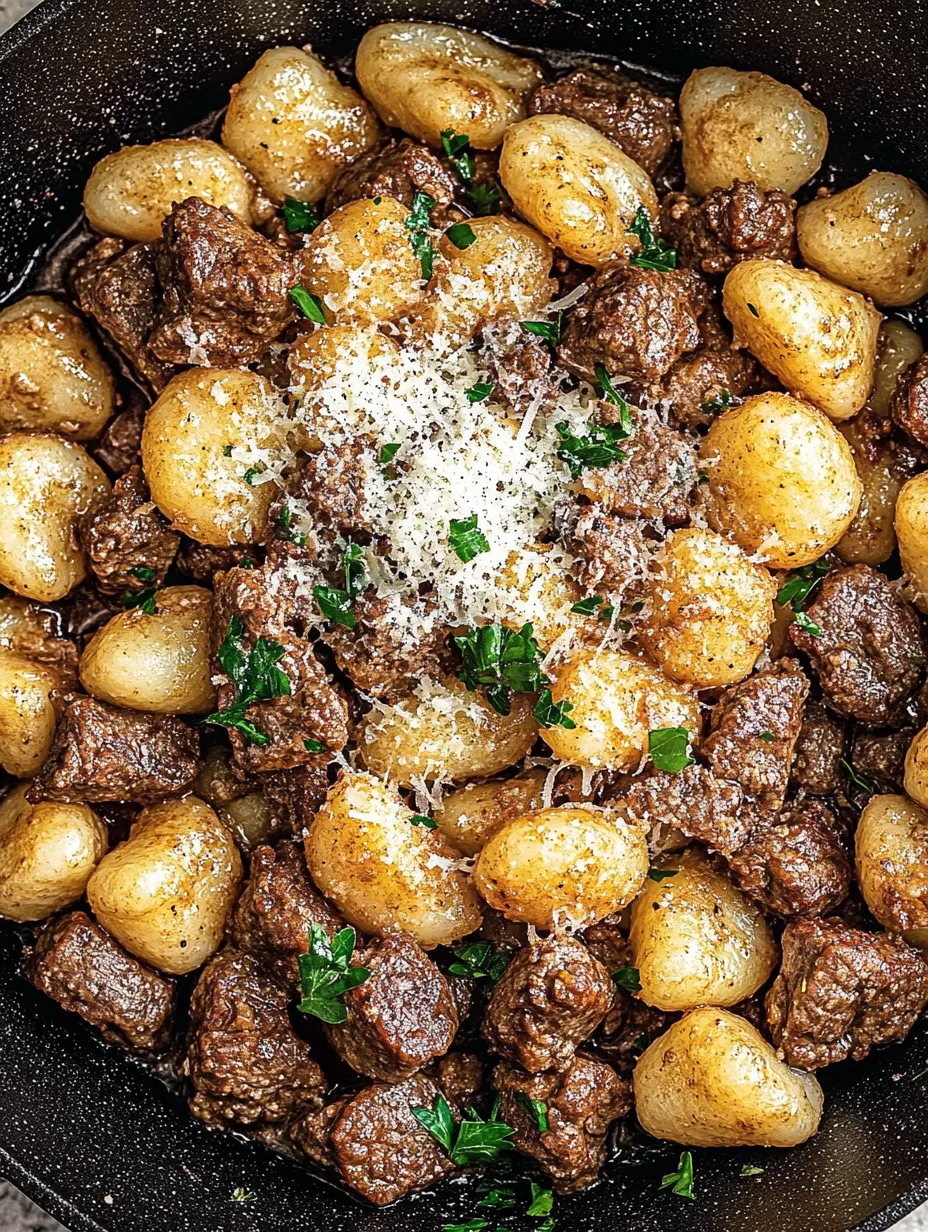 Ein Bild von Steak Bites and Gnocchi, das eine Mischung aus Fleisch, Kartoffeln und Spinat zeigt.