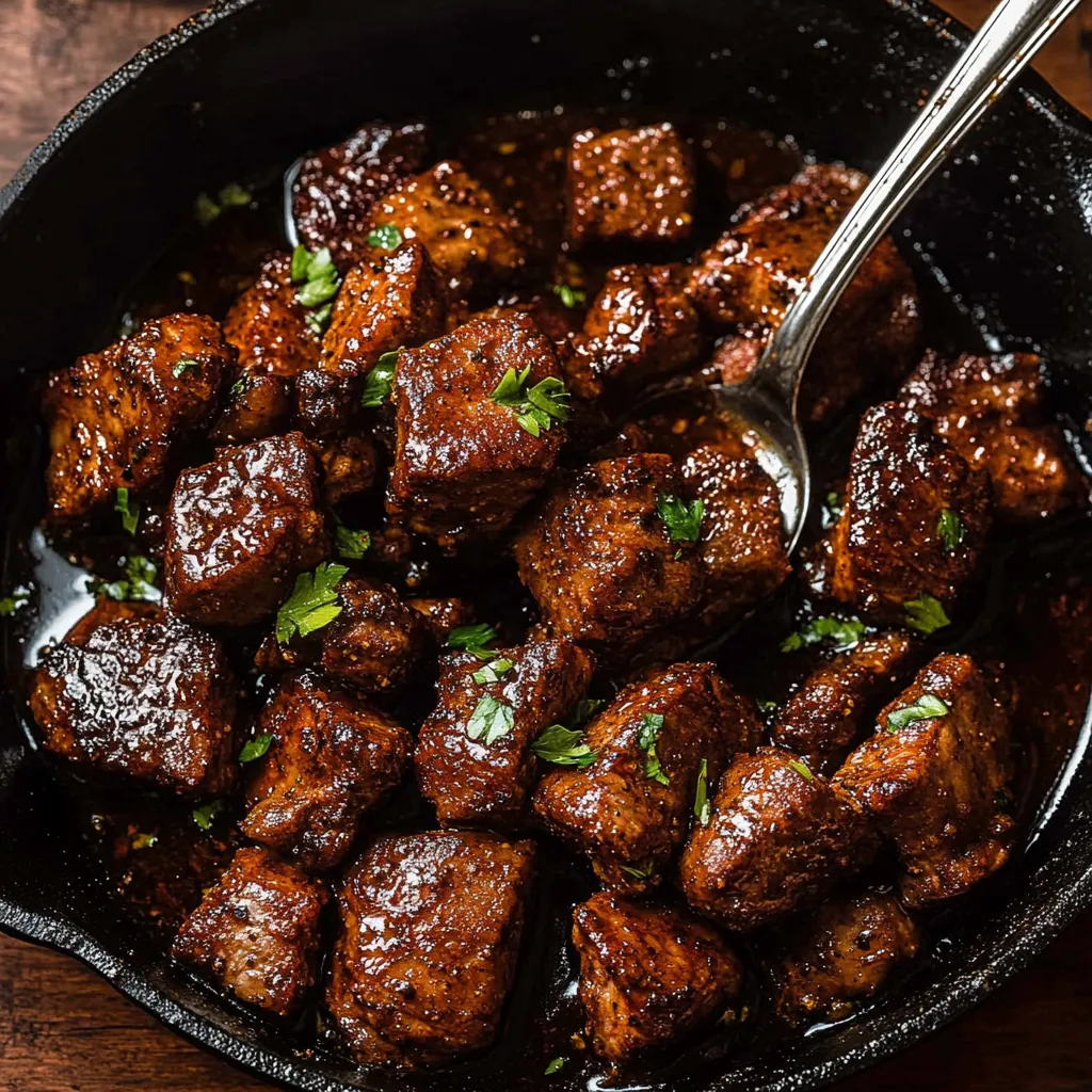 Ein schwarzes Töpfchen mit Cajun Garlic Butter Steak Bites.
