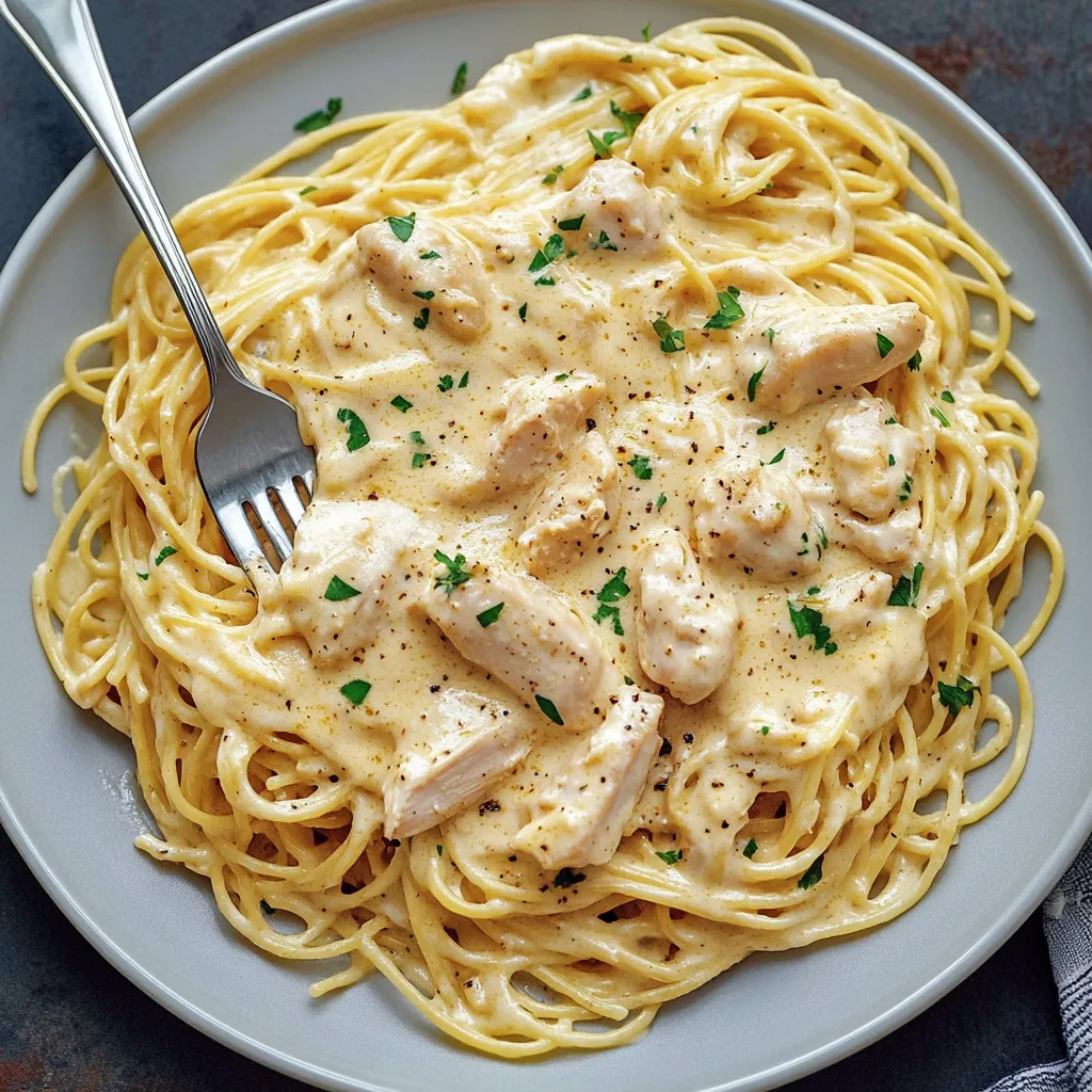 Ein Plate mit Pasta und Chicken.