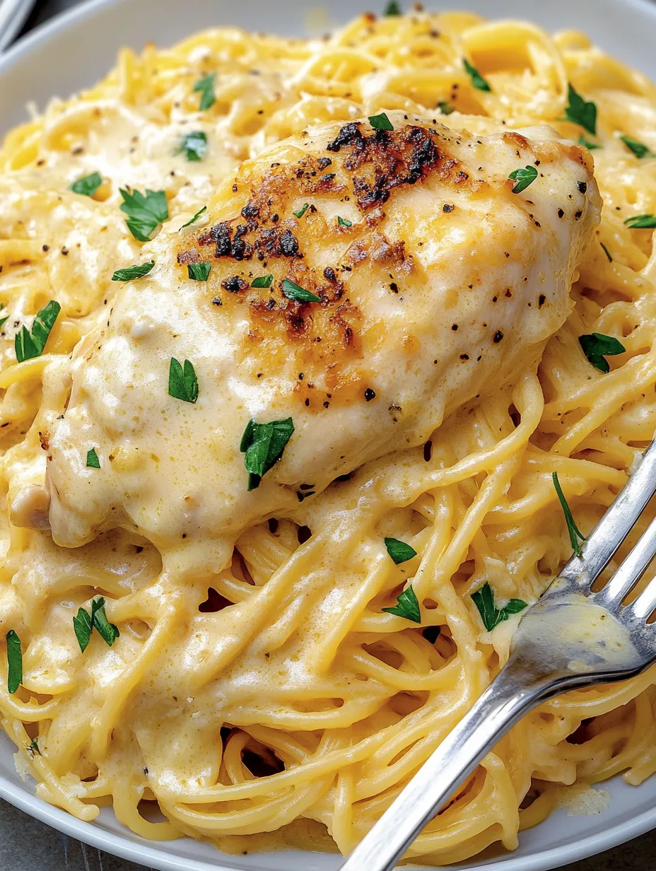 Ein Bild von einer Crock-Pot-Angel-Chicken-Zubereitung, die auf einem Teller mit Pasta serviert wird.