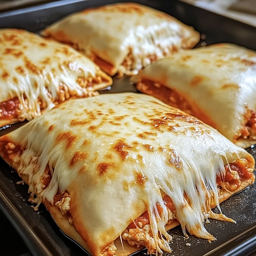 Ein Schmelztiegel mit Ooey-Gooey Buffalo Chicken Pizza Pockets, die perfekt für Partys sind.