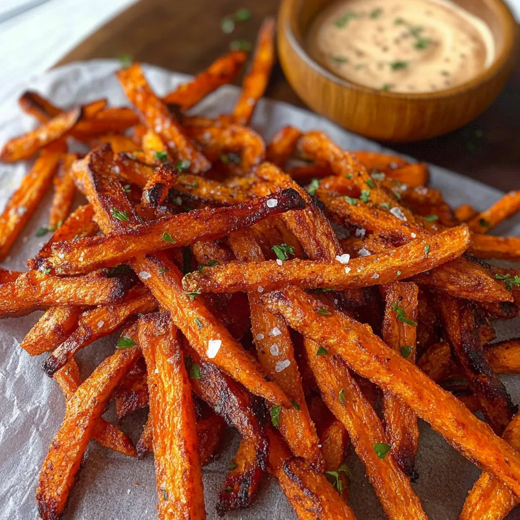 Ein Bild von Baked Carrot Fries mit Paprika Garlic Aioli.
