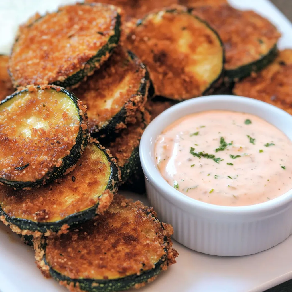 Ein weißer Teller mit Zucchini-Kicheln und einer Schüssel mit Sauce.