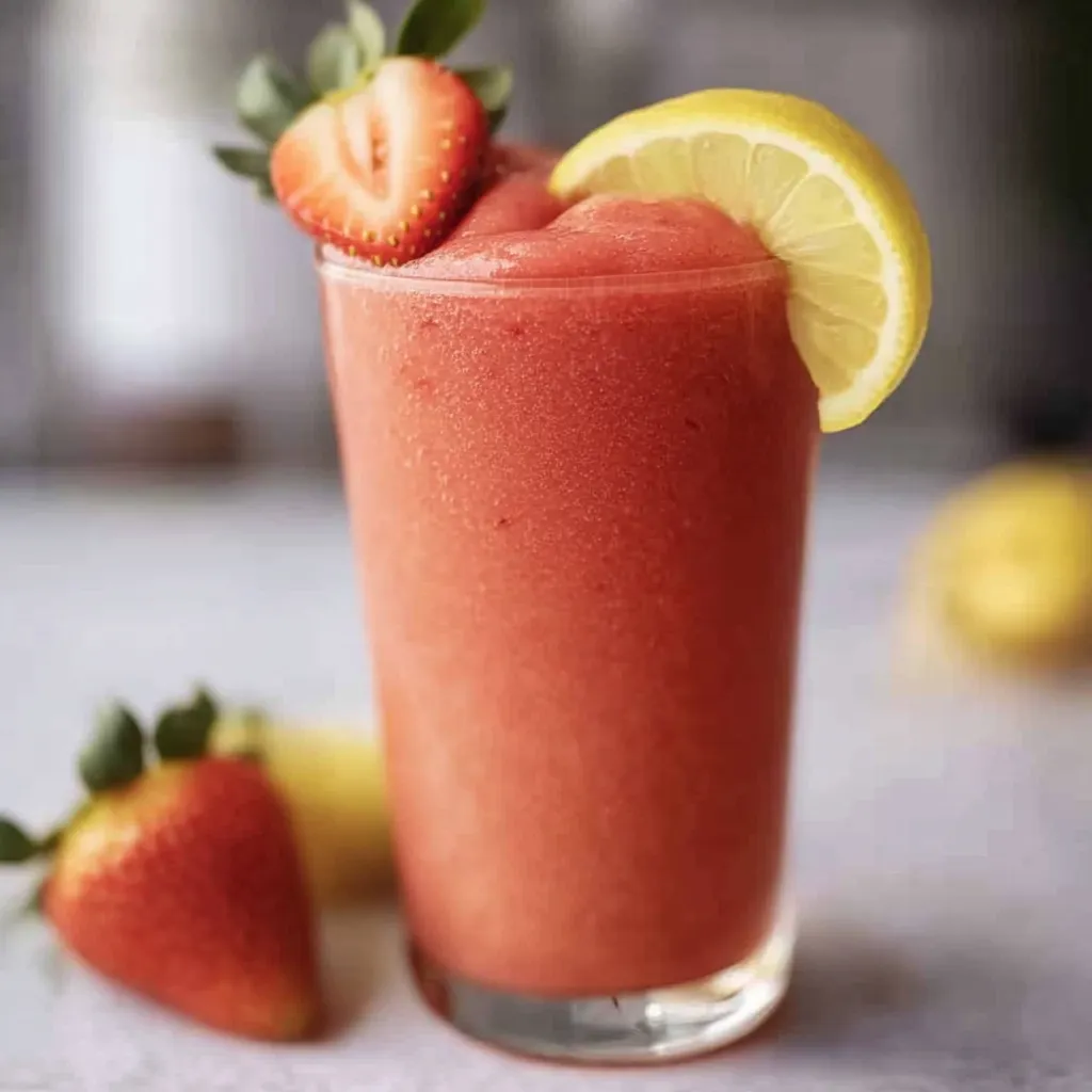 Ein Glas mit einem Stück Strawberry und einer Zitrone darin.