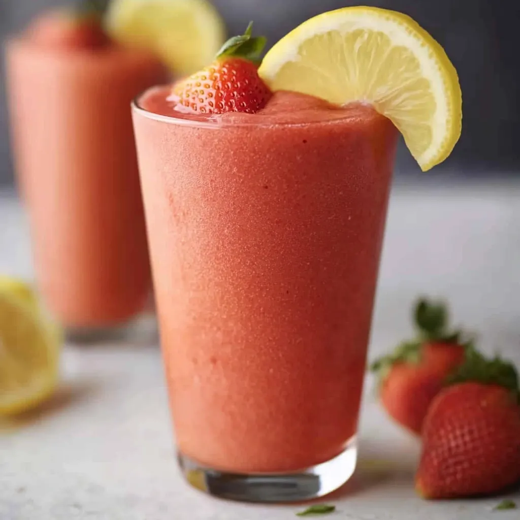Ein Glas mit Strawberry Lemonade, die mit Strawberries und Zitrusfrüchten garniert ist.