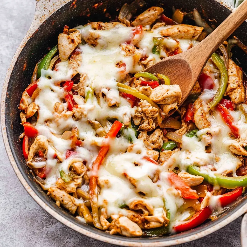 Ein Schmelztopf mit Chicken Cheesesteak Skillet.