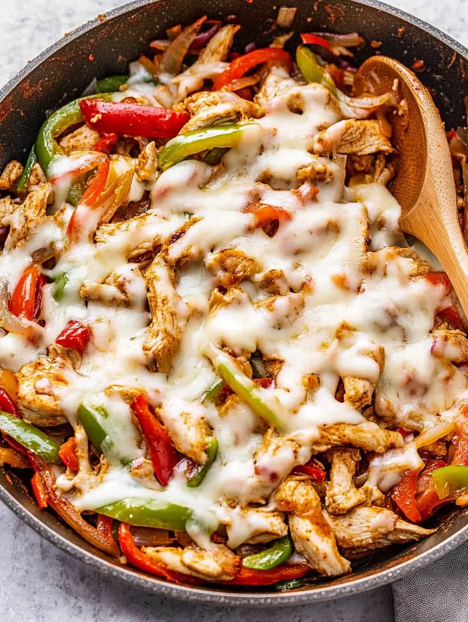 Ein Skillet mit Chicken Cheesesteak, das aus Chicken, Käse und Zwiebeln besteht.