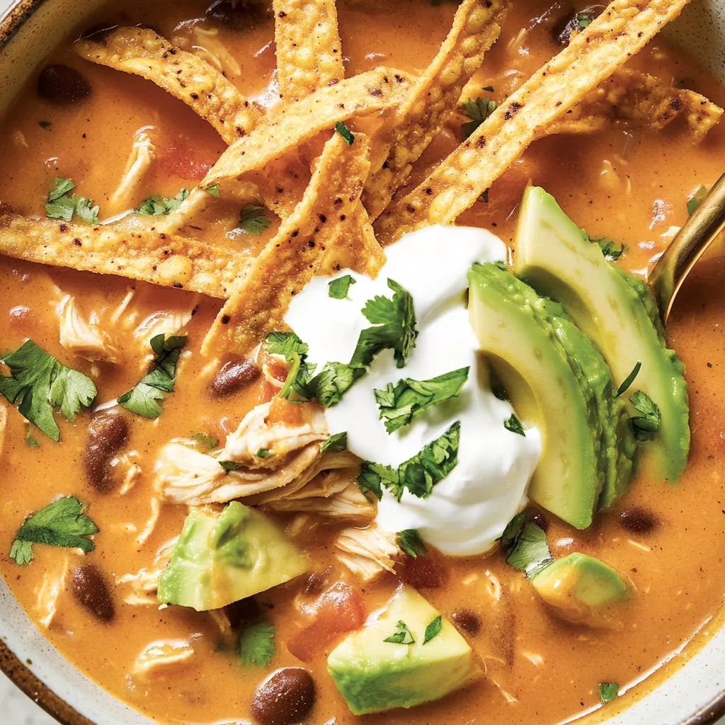 A bowl of creamy chicken tortilla soup.