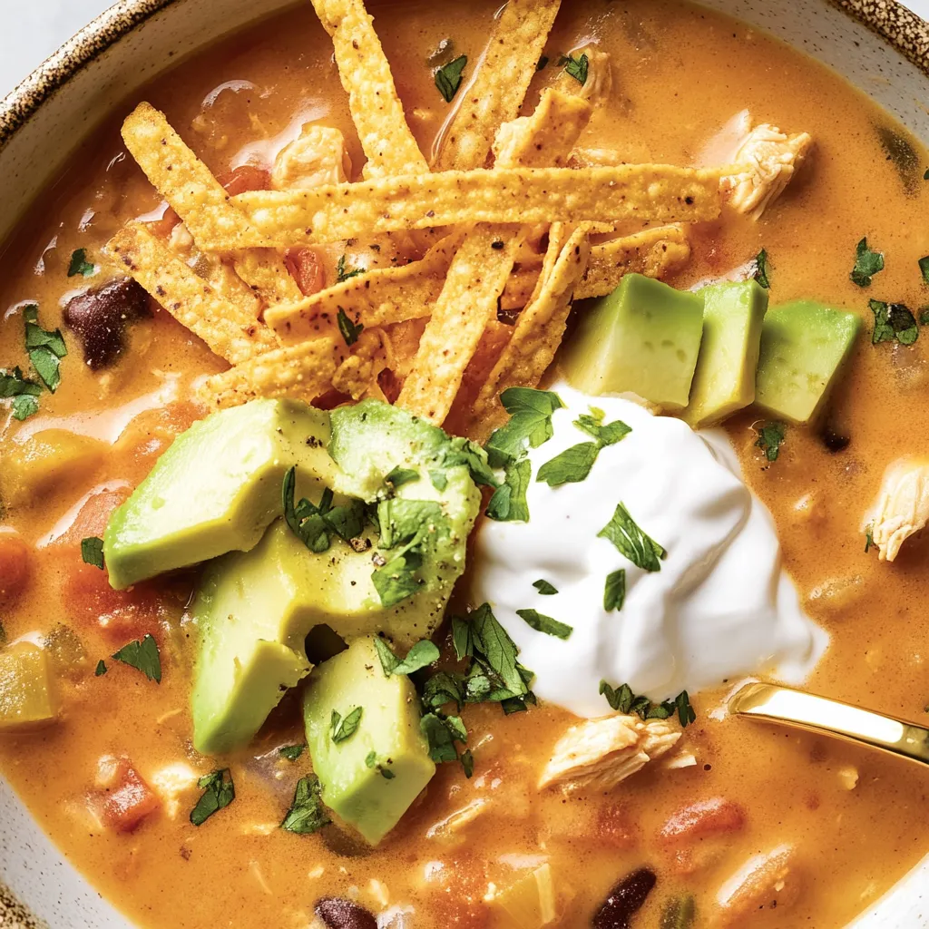 A bowl of creamy chicken tortilla soup with chips and sour cream on top.