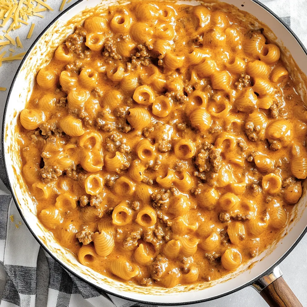 A pan of macaroni and cheese with meat and cheese.