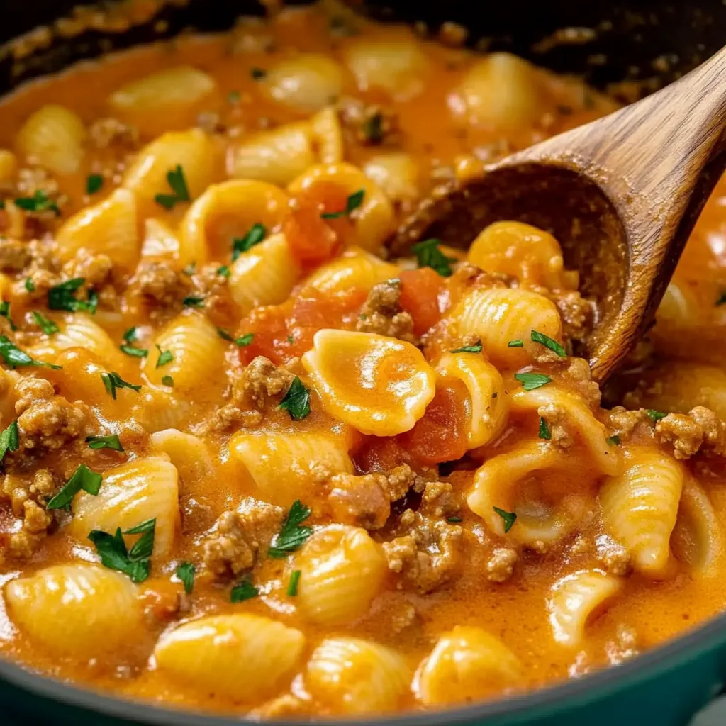 A bowl of pasta with meat and tomatoes.