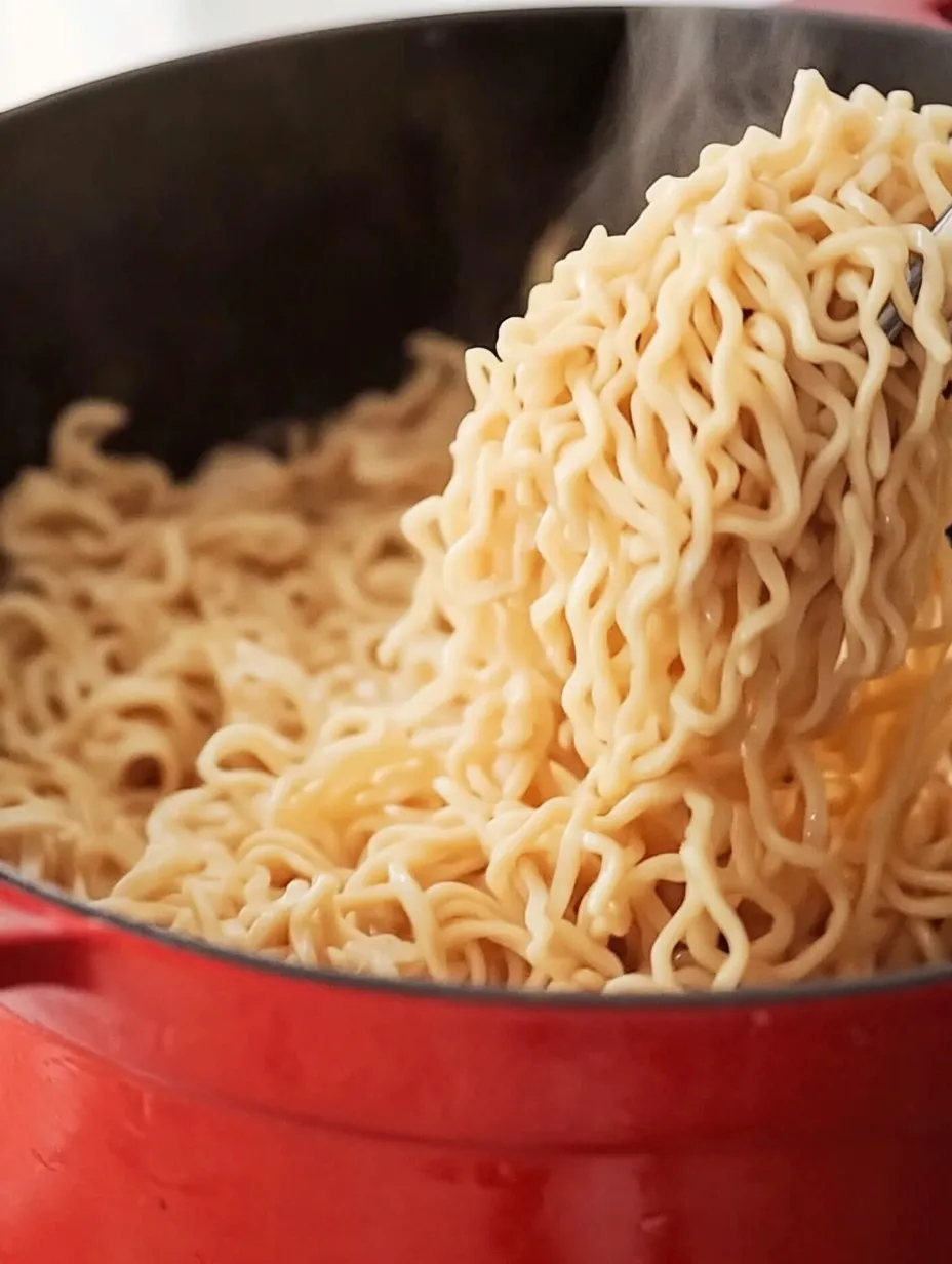 Ein Topf mit Ramen Noodles, die in eine Runde Form gefüllt sind.