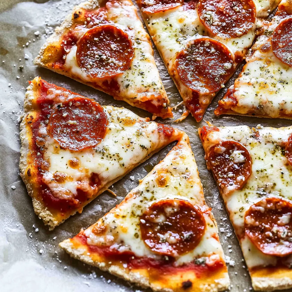 Ein Pizza mit Pepperoni und Mozzarella auf einem Tortilla.
