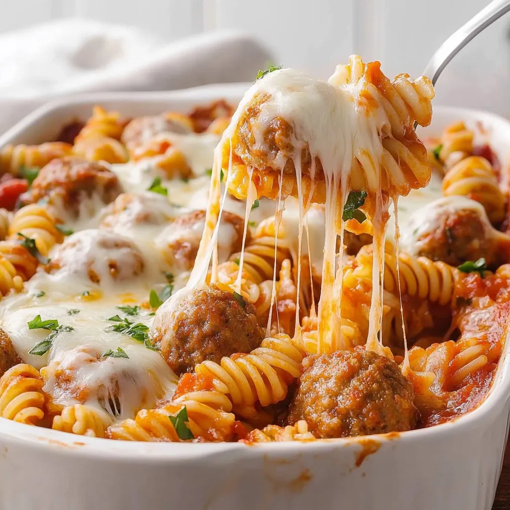 Ein Schüssel mit Meatballs und Penne-Nudeln, die in einem Dump and Bake Meatball Casserole zubereitet wurden.