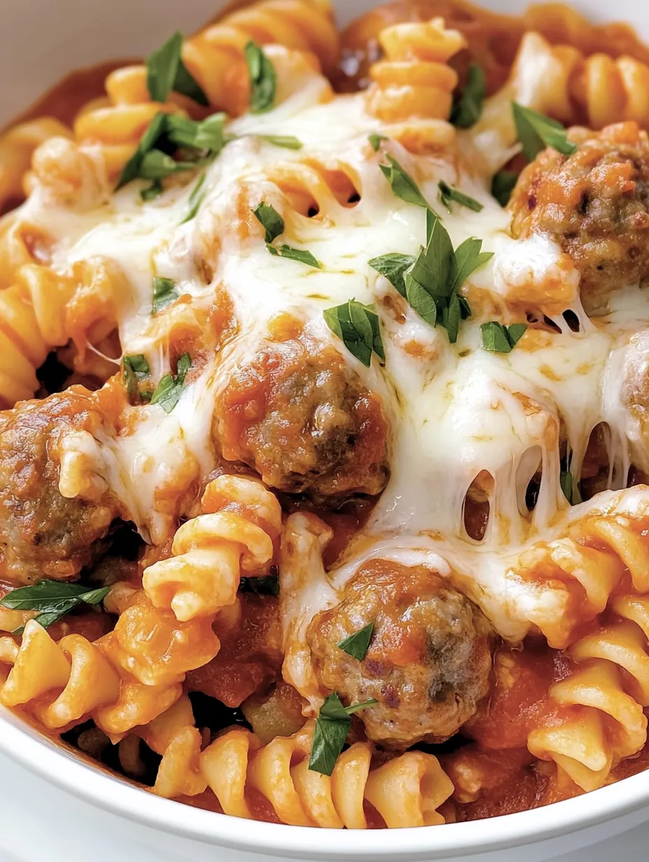 Ein Bild von einer Meatball-Casserole, die in einem Topf oder einer Pfanne gegart wurde. Es enthält Meatballs, Penne-Nudeln, Tomaten und Käse.