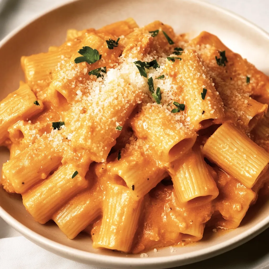 Ein weißer Teller mit Pasta und Sauce.