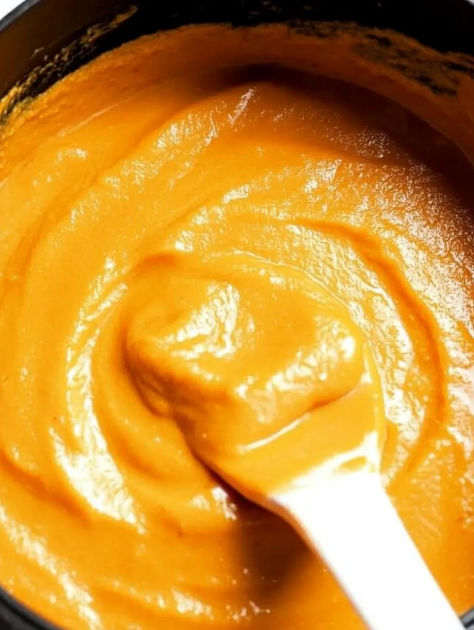 Eine weiße Löffel in einer Kugel von Orange-Sauce.