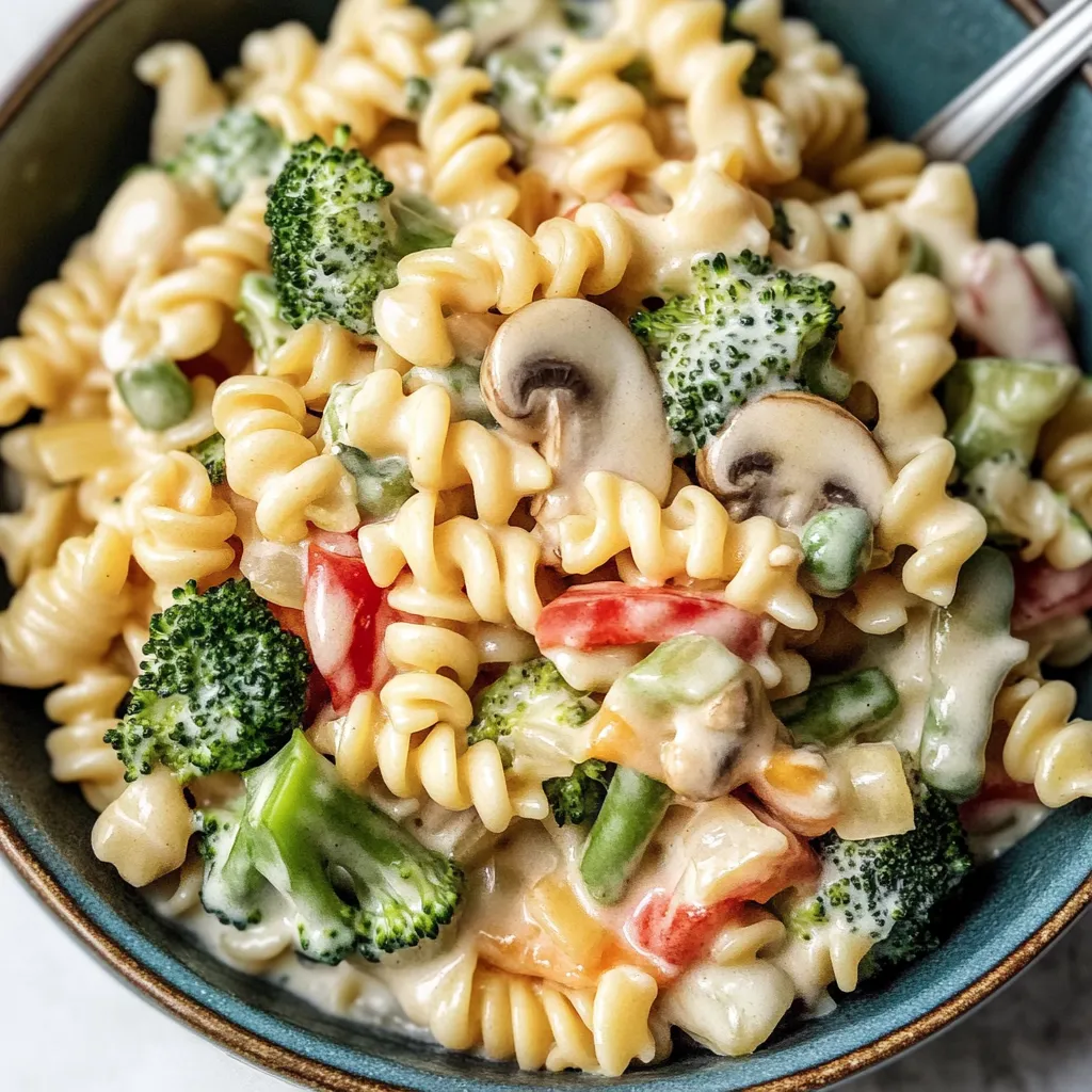 Ein BOWL mit Pasta, Tomaten, Broccoli, Mushrooms und Zwiebeln.