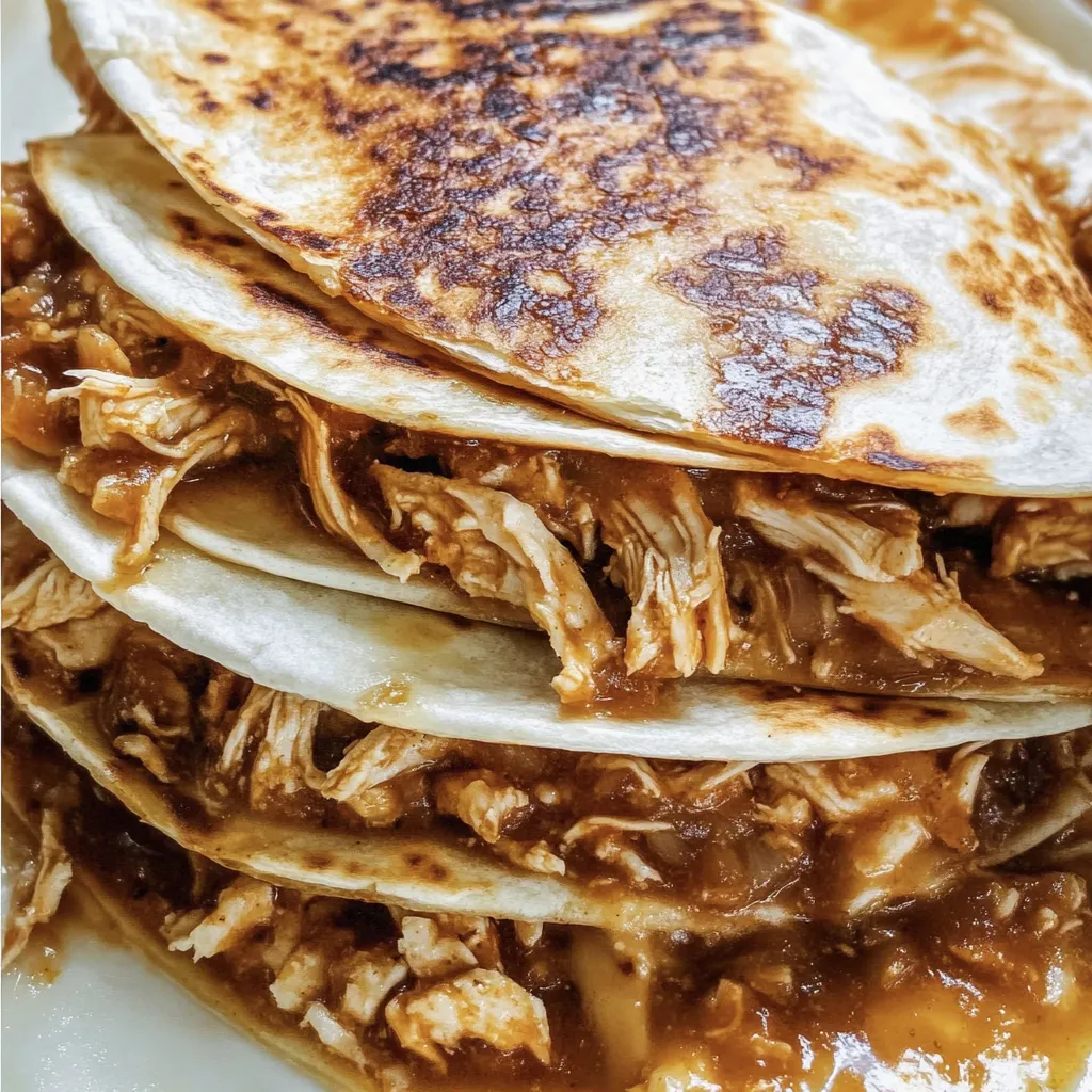Eine Schicht von BBQ Chicken Quesadillas auf einem Teller.