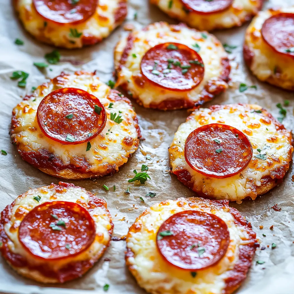 Eine Reihe von 12 Pizza-Kicheln, die aus zwei Zutaten bestehen, nämlich Tomaten und Mozzarella.