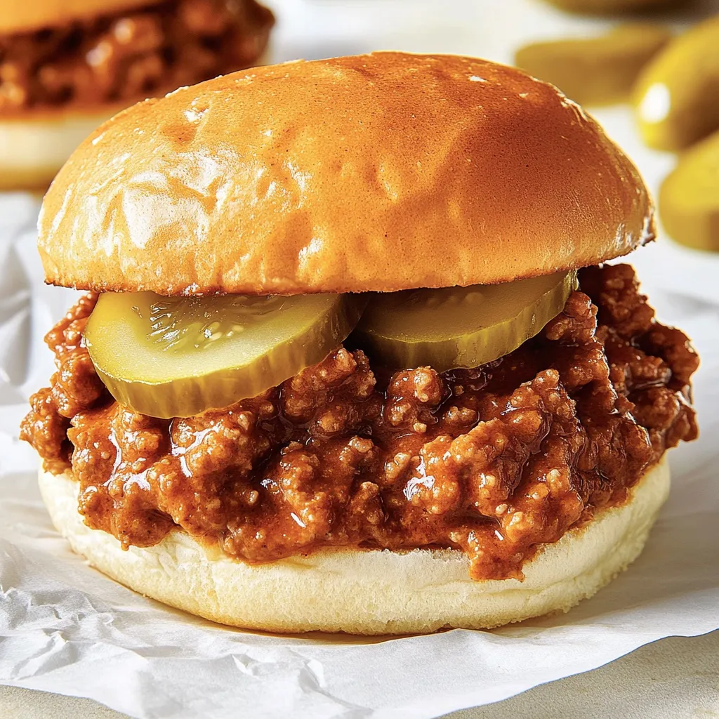 Ein Sandwich mit Homemade Sloppy Joes und Pickles.