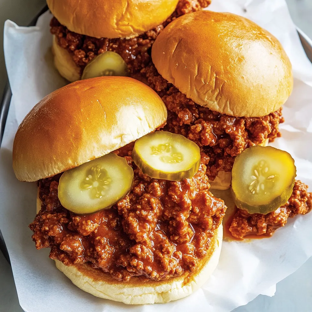 Zwei Sandwiches mit Homemade Sloppy Joes und Pickles auf einem Teller.
