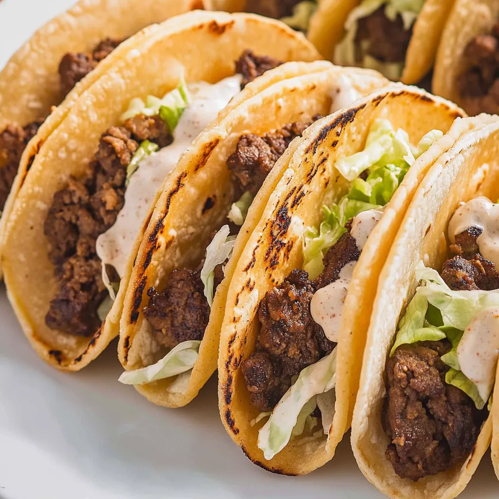 Ein Plate mit sechs Tacos, die mit Rindfleisch und Mayonnaise garniert sind.