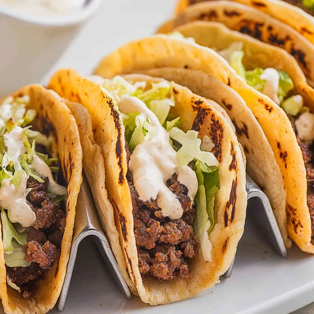 Eine Platte mit drei Tacos, die mit Rindfleisch und Mayonnaise garniert sind.