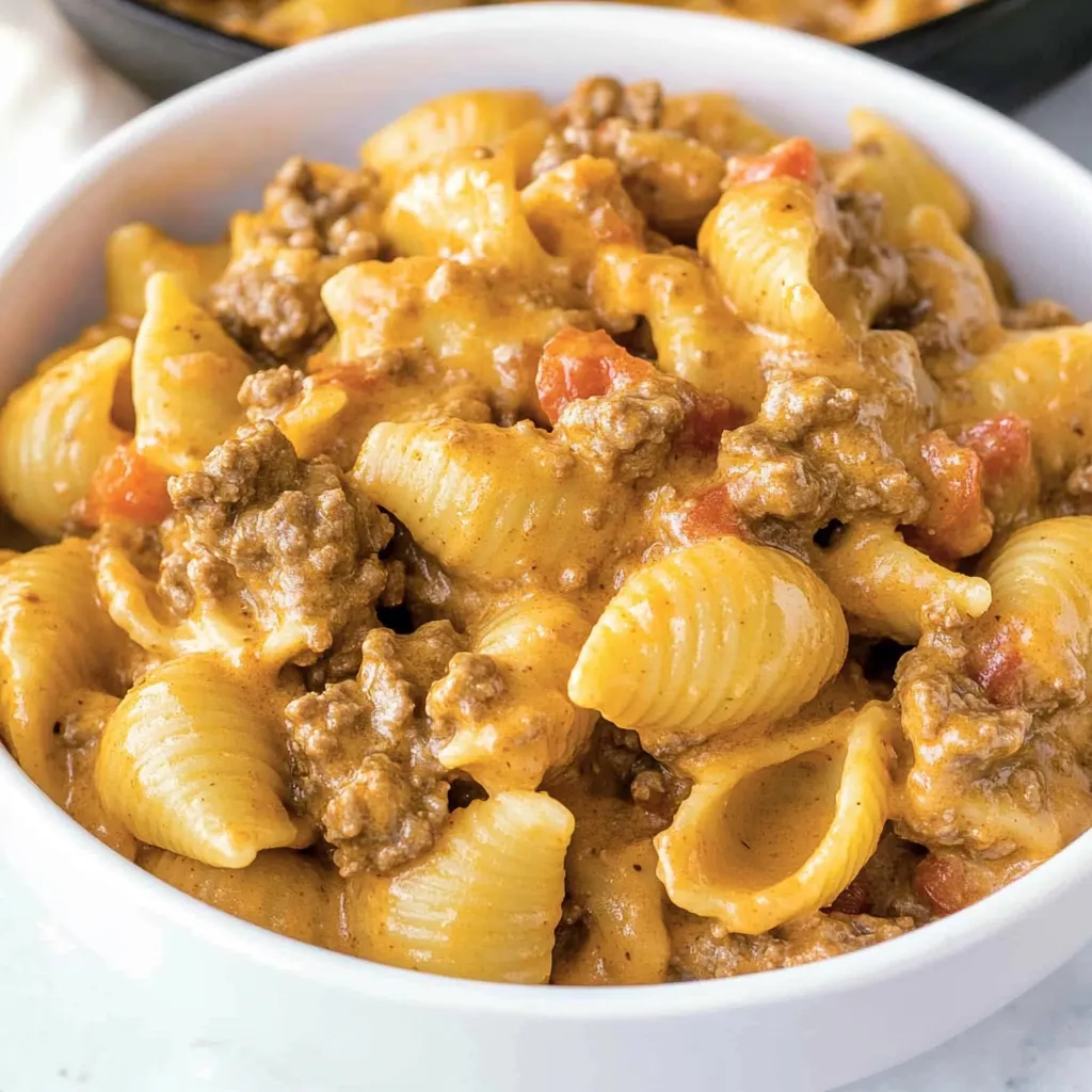Ein weißer Teller mit einer Mischung aus Pasta, Käse und Taco-Toppings.
