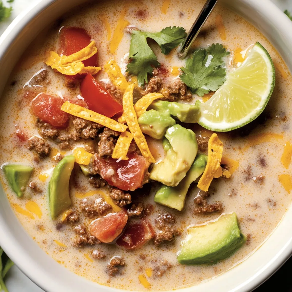 Ein weißer Teller mit einer creamy Taco Soup, die mit Avocado, Tomaten, Koriander und Tortillachips garniert ist.