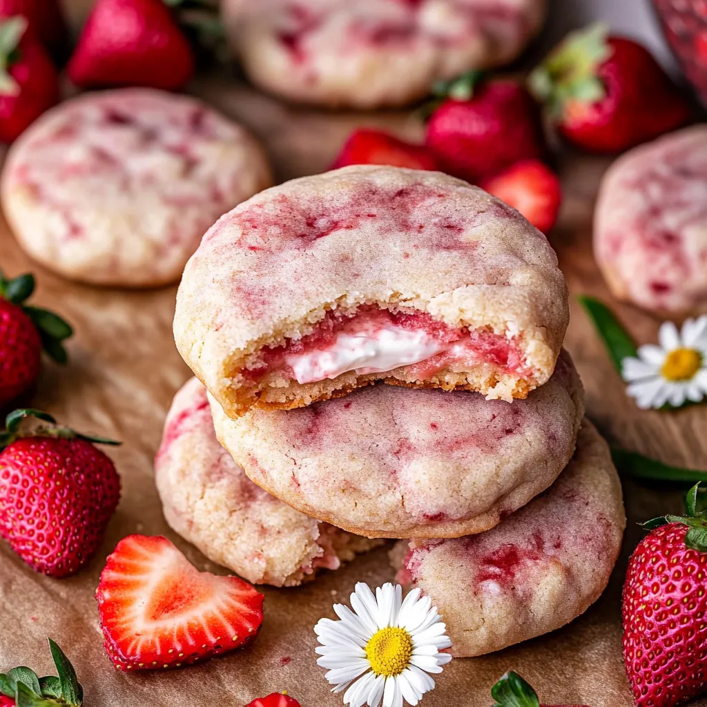 Eine Tasse mit Strawberry Cheesecake Cookies auf einem Tisch.