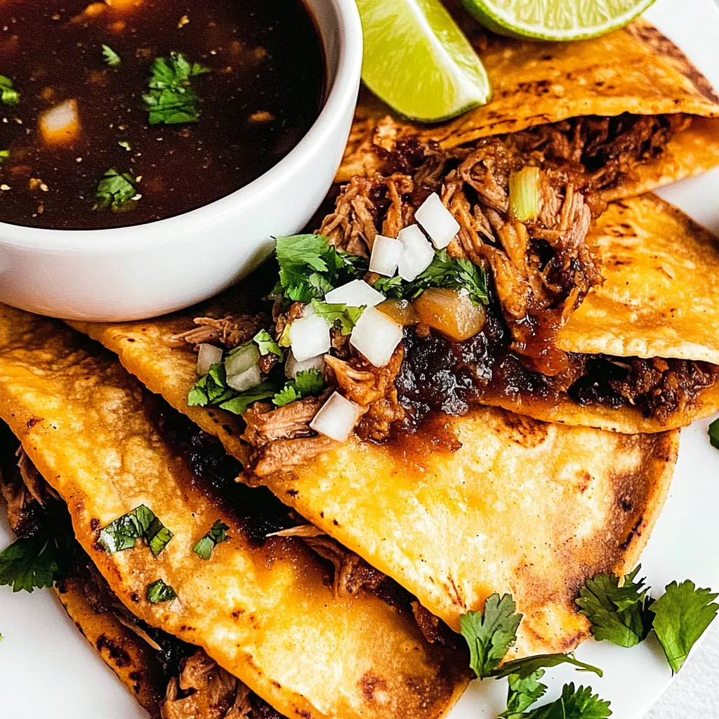 Ein weißer Teller mit Birria Tacos, die mit Ketchup und Lime garniert sind.