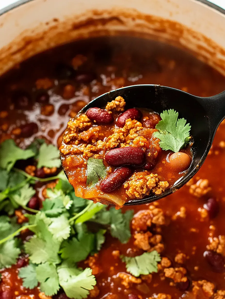 Ein schwarzes Löffelchen, das in eine Tasse mit Easy Turkey Chili gestochen ist.