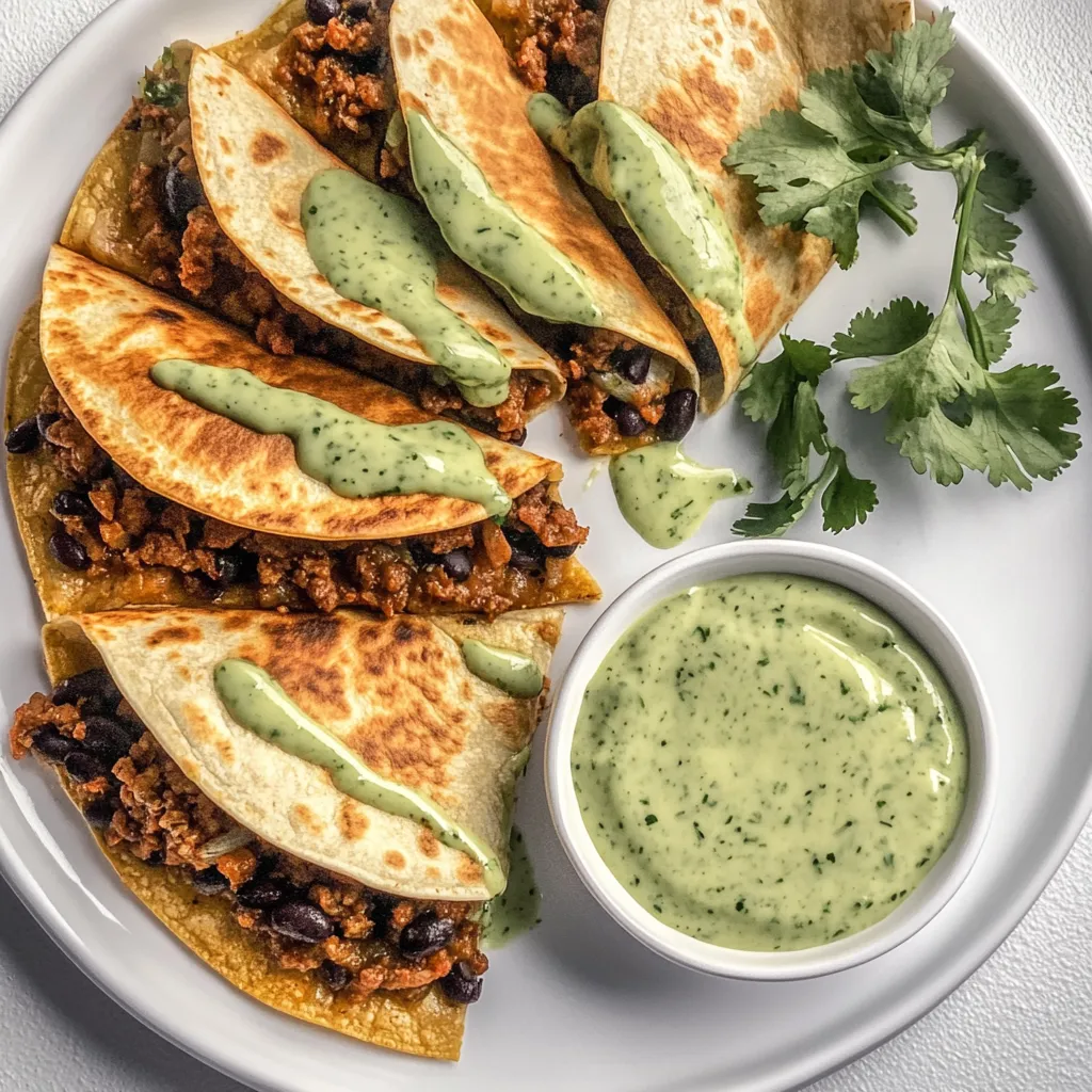 Ein weißer Teller mit drei Crispy Baked Ground Turkey Tacos, die mit Avocado Sauce garniert sind.