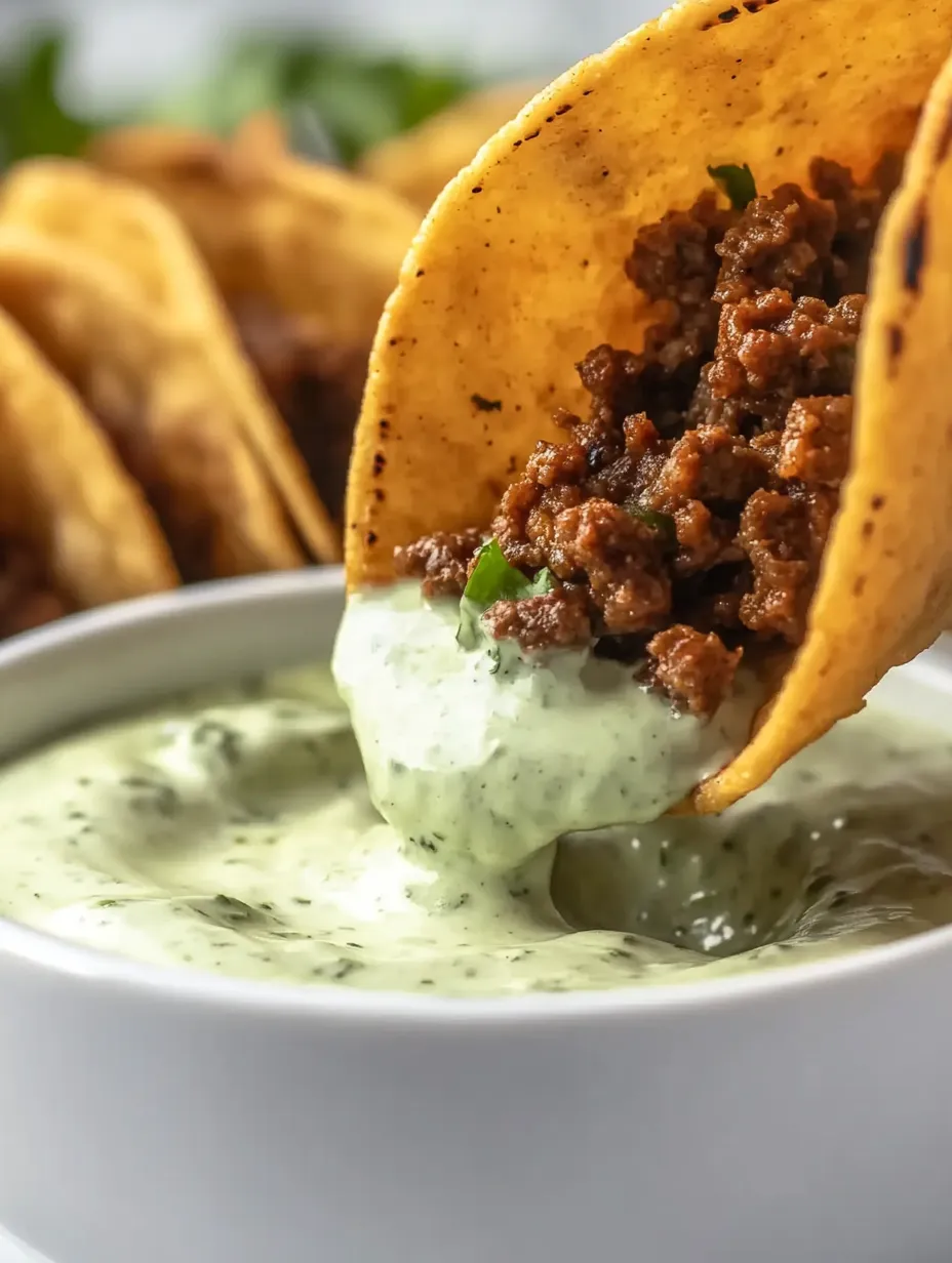 Ein Taco mit Avocado-Sauce wird in einen Teller gegeben.