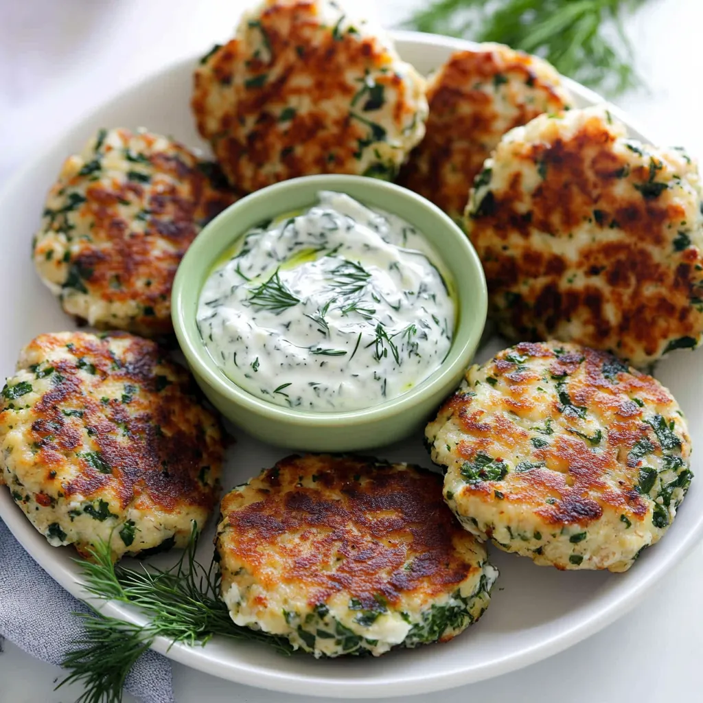 Eine Platte mit griechischen Kichererbsenpatties, die mit einer Sauce aus Zitronen und Kräutern garniert sind.