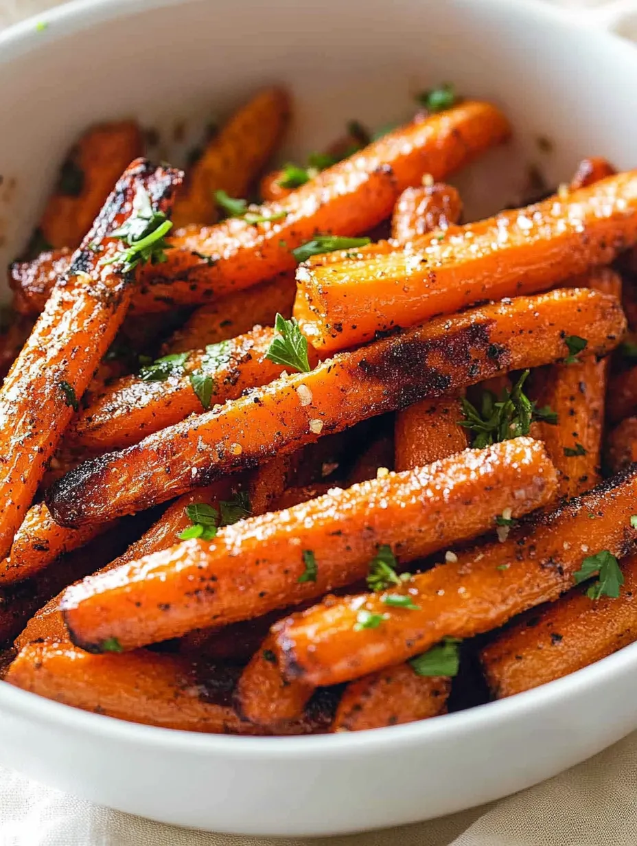 Ein weißer Teller mit Parmesan Garlic Roasted Carrots.