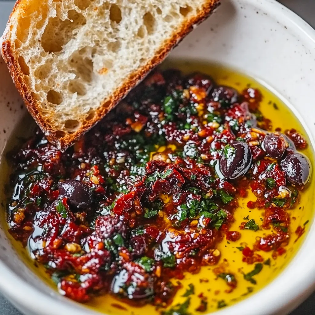 Ein weißer Teller mit einer Mediterranen Olivenöl-Dip-Zutatenliste, darunter Tomaten, Zwiebeln, Paprika, Oregano, Salz und Pfeffer.