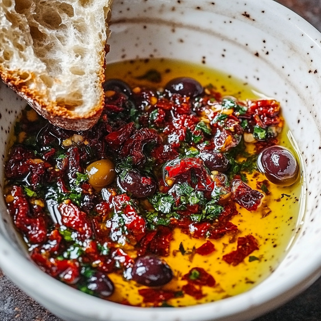 Ein weißer Becher mit einer Mediterranen Olivenöl-Dip-Zutatenliste, darunter Tomaten, Zwiebeln, Paprika, Knoblauch, Olivenöl und Salz.