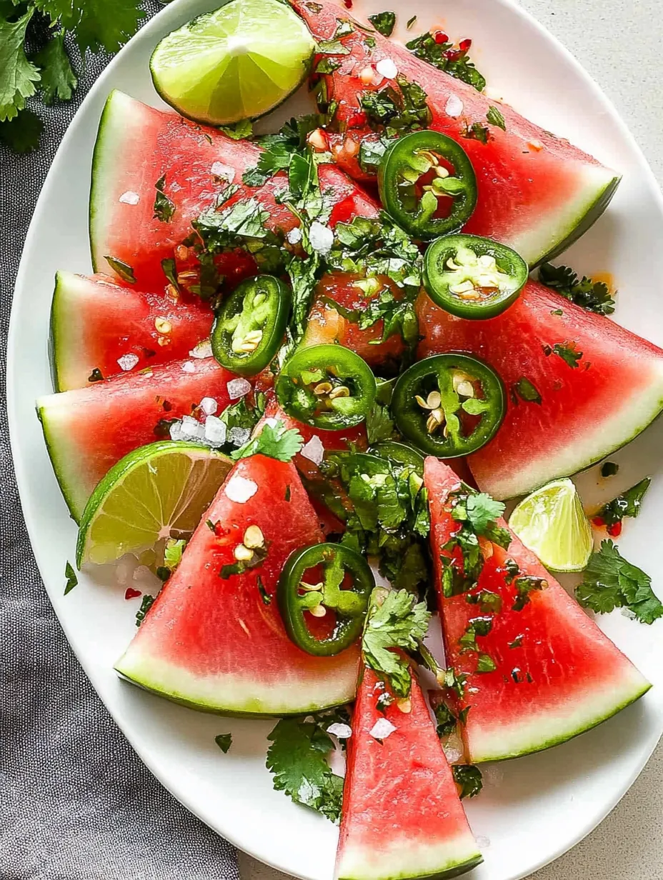 Ein weißer Teller mit einer Salat aus Wassermelonen, Paprika, Zitrone, Lime und Paprika.